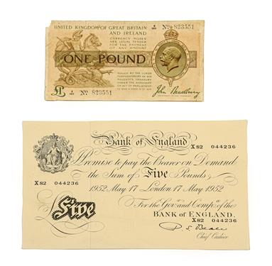 Lot 2141 - Bank of England White £5, Beale, London May 17 1952, serial No. X82 044236; faint vertical &...