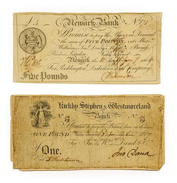 Lot 2143 - 2 x Early 19th Century Provincial Banknotes comprising: Newark Bank £5, dated 13 Jan 1809 for...