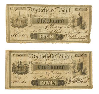 Lot 2160 - Wakefield Bank, 2 x One Pound 1824 & 1825, comprising: 'No. 862, Value received 24th May 1824...