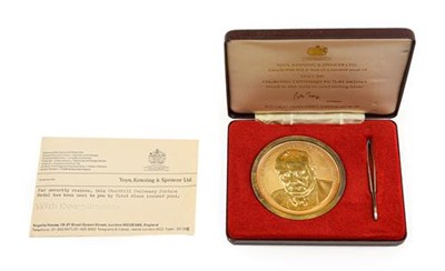 Lot 2172 - 'The Churchill Centenary Picture Medal' a box-medal  (diameter 77mm  (3'')), struck in 22ct gold on