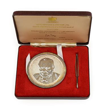 Lot 2174 - 'The Churchill Centenary Picture Medal'  a box-medal  (diameter 77mm  (3'')), struck in...