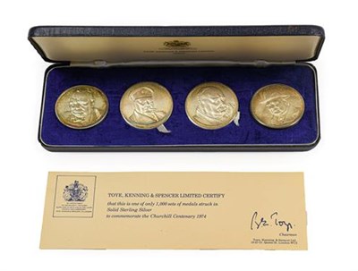 Lot 2175 - A Set of 4 x Sterling Silver Medals Commemorating the Churchill Centenary 1974, the obverses...