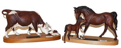 Lot 176 - ~ Beswick Connoisseur Hereford Cow and Calf, on wooden plinth; together with Spirit of...