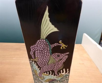 Lot 184 - A pair of 20th Century Chinese famille noir tapering square section vases decorated with dogs...