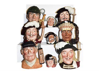 Lot 190 - ~A group of Royal Doulton character jugs comprising Aramis 6441, The Sleuth 6331, Golfer 6623, five