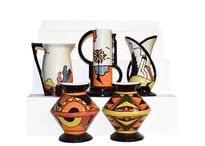 Lot 196 - ~A group of Lorna Bailey for Old Ellgreave, pair of wall pockets, two jugs and a vase (5)