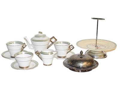 Lot 201 - Foley eight piece tea set, Art Deco cake stand and a muffin dish