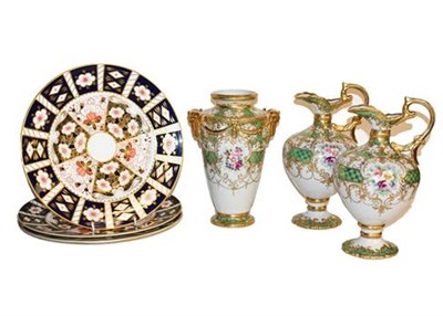 Lot 202 - A garniture of Noritake ewers and vase and together with three Royal Crown Derby Imari plates