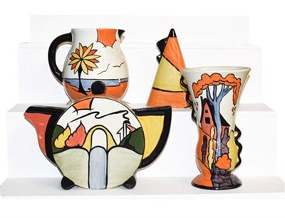 Lot 204 - ~A group of Lorna Bailey for Old Ellgreave, a jug, a vase, a wall pocket and a teapot (4)