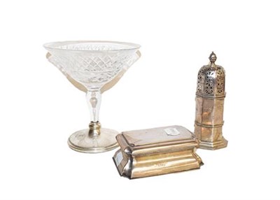 Lot 234 - An Edward VII silver inkwell, London. 1904, one bottle lacking a Victorian octagonal sugar...