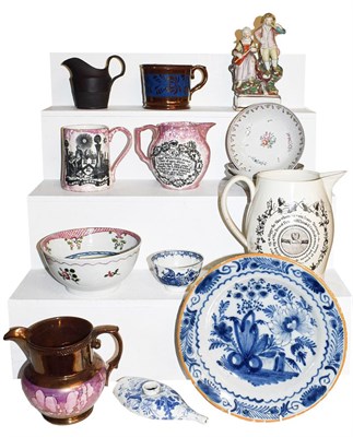 Lot 238 - ~A quantity of 18th and 19th century English ceramics including a Masonic cream ware jug,...