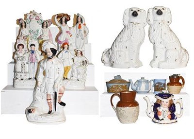 Lot 242 - ~ 19th century ceramics including Staffordshire flat back figures, seated spaniels, a Dudson jasper