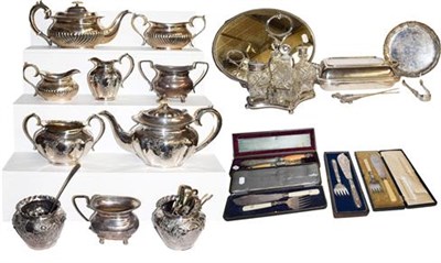 Lot 243 - ~A quantity of 19th century and later silver plated wares including four bottle cruet set, two...