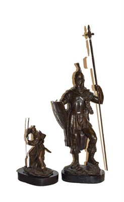 Lot 251 - A 20th century bronze figure of a Roman centurion with spear on a marble base, 55cm high...