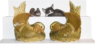 Lot 252 - A pair of Lladro bookends modelled on quails together with a Royal Copenhagen sleeping cat and...