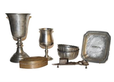 Lot 262 - A quantity of Spanish and other pewter to include Arts and Crafts style items, a cup, an...