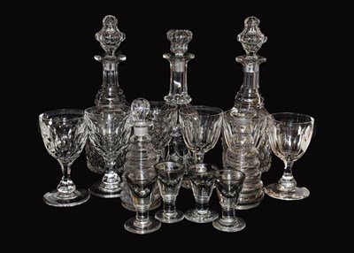 Lot 265 - ~Assorted glassware including six Georgian rummers, penny licks, three decanters, coloured...