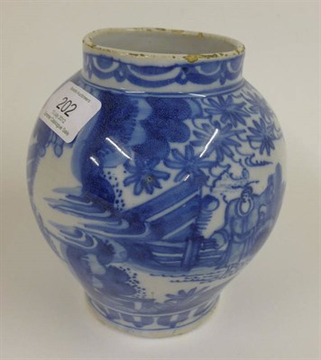 Lot 202 - A Frankfurt Faience Ovoid Vase, circa 1720, painted in blue in Chinese transitional style with...
