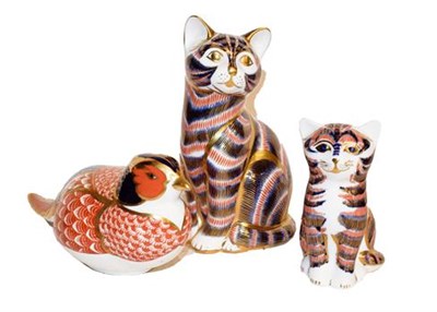 Lot 277 - Three Royal Crown Derby paperweights comprising a pheasant and two cats (3)