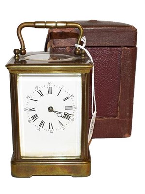 Lot 278 - A French brass striking carriage clock with travelling case, circa 1900