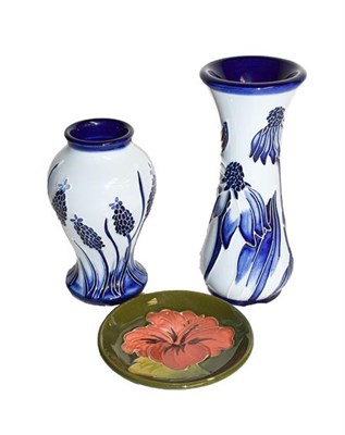 Lot 279 - A Moorcroft Hibiscus pin dish and two modern Moorcroft vases (3)