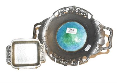 Lot 285 - ~A Liberty & Co Tudric pewter and enamel twin handled dish, stamped MADE IN ENGLAND ''TUDRIC'' 0287