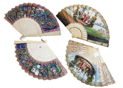 Lot 288 - A 19th century Cantonese carved ivory fan, painted with processions of figures and in lacquered...