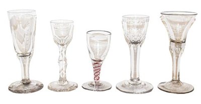Lot 290 - Five Georgian glasses including three wine glasses on having double series opaque and red twist...