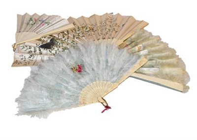 Lot 299 - Four late 19th/early 20th century similar bone and ivory fans with hand painted mounts...