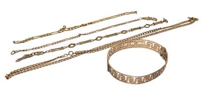 Lot 334 - A 9 carat gold bangle (a.f.) and five chain sections, stamped '375'