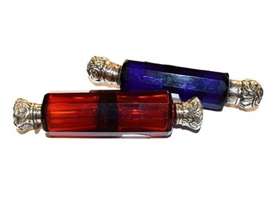 Lot 335 - A ruby glass double ended scent bottle together with a blue glass example (2)