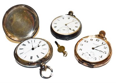 Lot 345 - A silver open face pocket watch; a full hunter silver pocket watch and a gold plated Waltham...