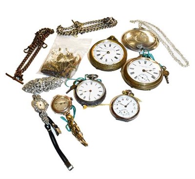 Lot 347 - A lady's 9 carat gold wristwatch, two plated open faced pocket watches, two lady's fob watches with