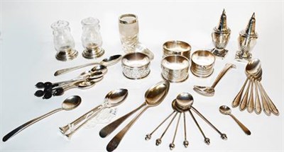 Lot 348 - ~A tray of silver including a caddy spoon by Arthur Creighton, Sheffield 1969, a pair of...