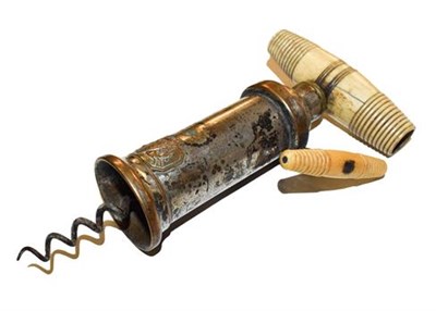 Lot 350 - ~A 19th century Thomason Dowler barrel-shaped corkscrew, turned bone handle (minus brush), rack and