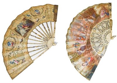 Lot 352 - 18th century carved ivory fan with pierced sticks and guards painted in gold and silver, silk...