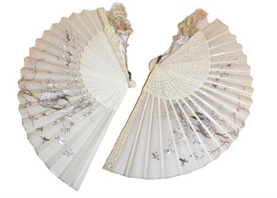 Lot 353 - Circa 1900 Carved Ivory Fan in a Lacquered Hinged Case, with a cream fabric mount silk...