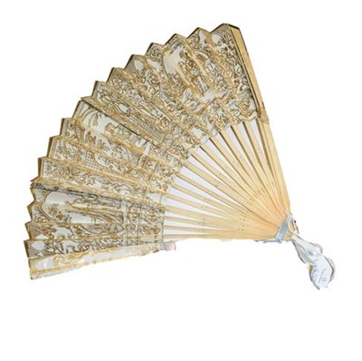 Lot 354 - Late 18th century carved ivory fan with pierced sticks and guards painted in gold and silver, a...
