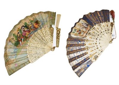 Lot 355 - Two late 18th century carved ivory fans, comprising a fan with pierced sticks and guards painted in