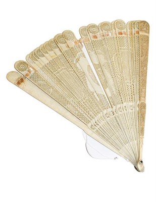 Lot 356 - Late 18th century carved ivory Chinese Canton export brise fan, twenty-eight carved sticks with...