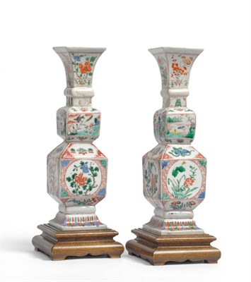 Lot 211 - A Pair of Chinese Porcelain Square Section Baluster Vases, Kangxi, the knopped flared necks on...