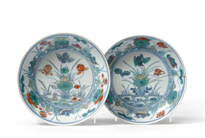 Lot 214 - A Pair of Chinese Porcelain Doucai Saucer Dishes, Chenghua reign marks but probably 18th...
