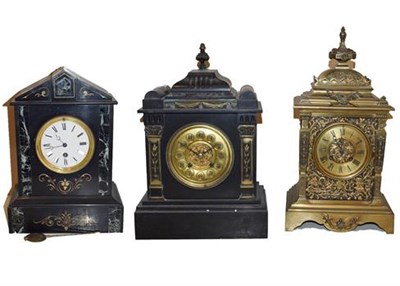 Lot 394 - ~A brass cased striking mantel clock circa 1890, a Victorian black slate and marble mantel...