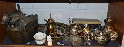 Lot 407 - An Arts & Crafts pewter tea set, brass jam pan, a cased chemical balance, a Jones sewing...