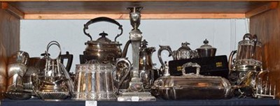 Lot 412 - A large quantity of assorted silver plated wares, including Adam's revival plated candle stick,...