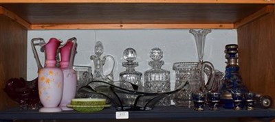 Lot 415 - Assorted glassware including coloured studio glass pieces, blue glass liqueur set, decanters,...