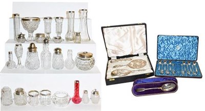 Lot 442 - Two trays of assorted silver mounted and silver plated items, including silver mounted vases,...