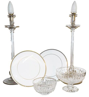 Lot 445 - A Royal Chelsea part tea service, a pair of slender glass table lamps, Stuart crystal bowls and...