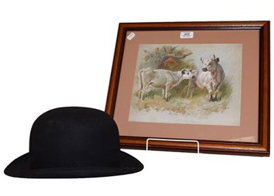 Lot 468 - Bowler Hat and an Archibald Thorburn print of cows (2)