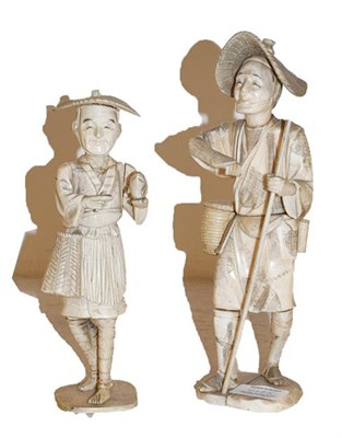 Lot 469 - Two Japanese meiji period ivory Okimonos, one modelled as a farmer 26cm, the other modelled as...